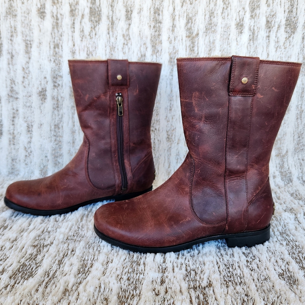 UGG Australia 'Burroughs' Waterproof Leather Boot Sherpa Brown Women's Size 6.5 - Picture 2 of 12